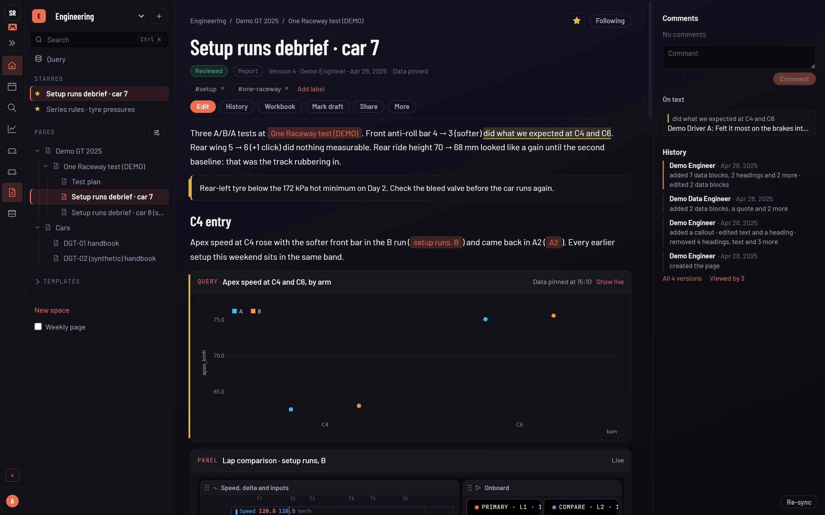 A Muretto Enterprise page, Setup runs debrief: text with links to the test and the runs, a comment pinned to a phrase, the version history, a pinned query chart of apex speed by setup arm and a live lap-comparison panel
