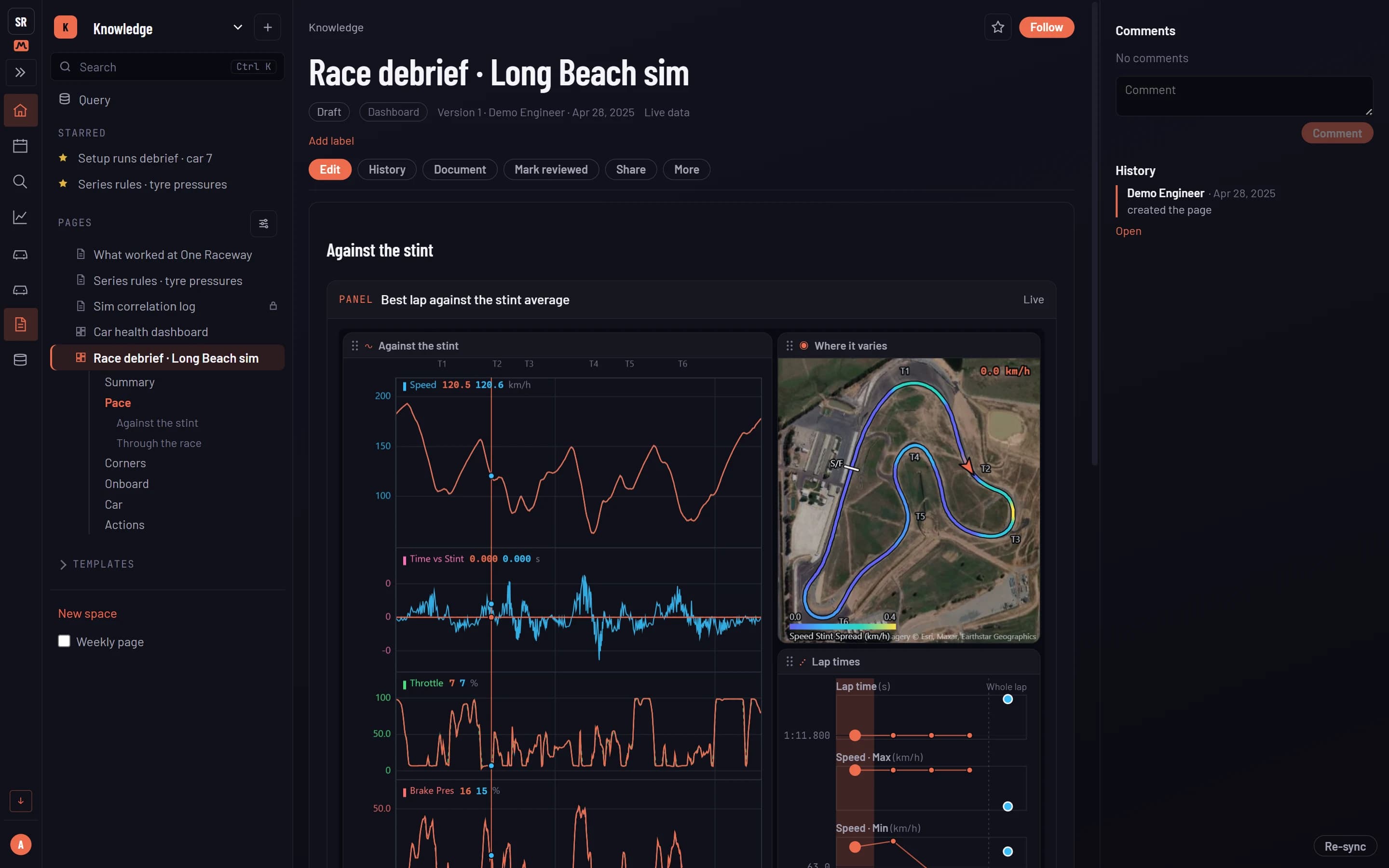 A race debrief page read as a workbook: its sections as sheets in the sidebar, and the Pace sheet's live panels, the best lap against the stint average with the track map and lap times
