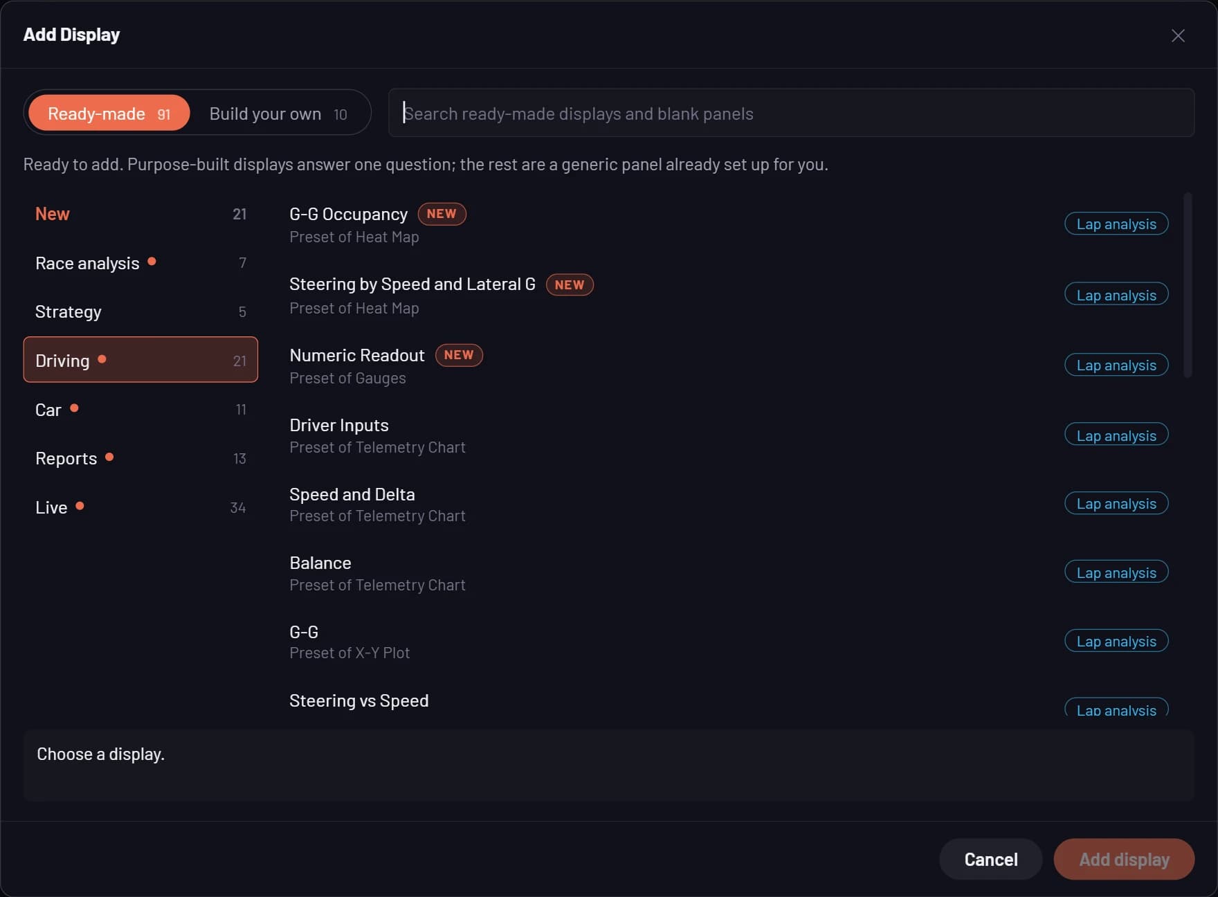 The Add Display dialog: ready-made displays grouped by race analysis, strategy, driving, car, reports and live, with blank panels to build your own