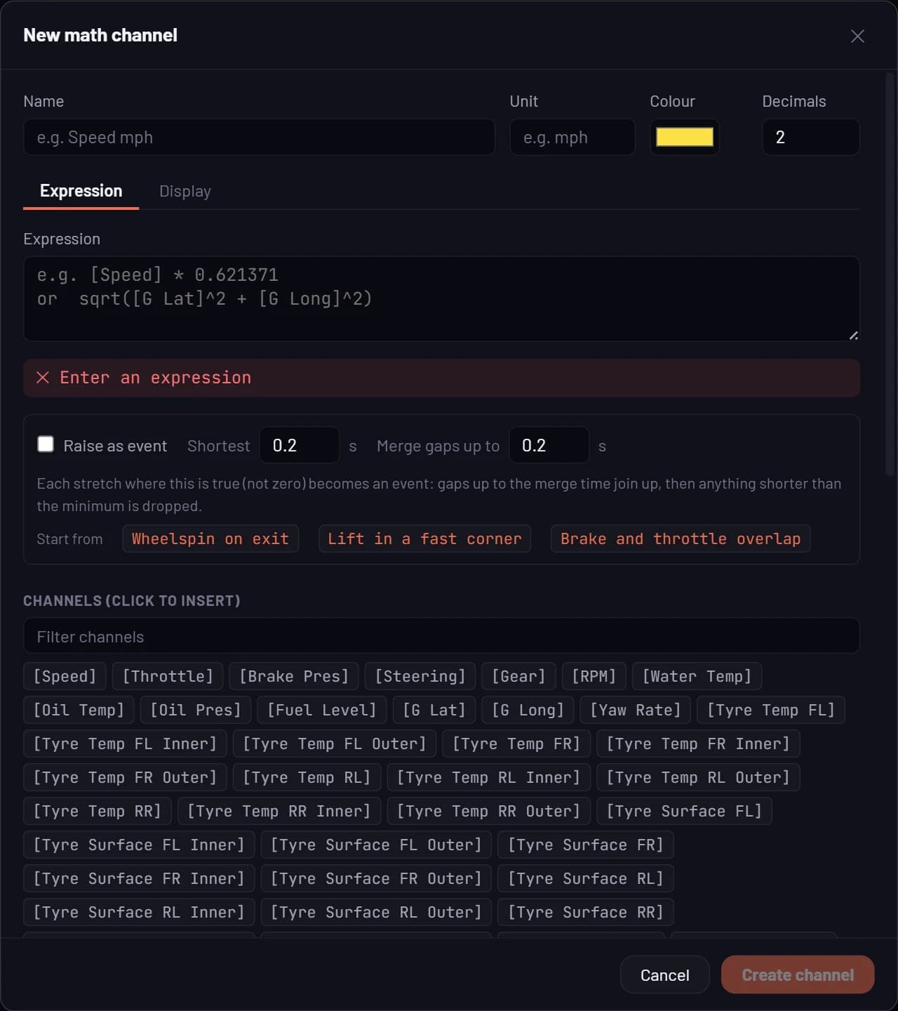 The New math channel dialog: name, unit, colour and decimals, an expression box, raise-as-event settings and every channel ready to insert